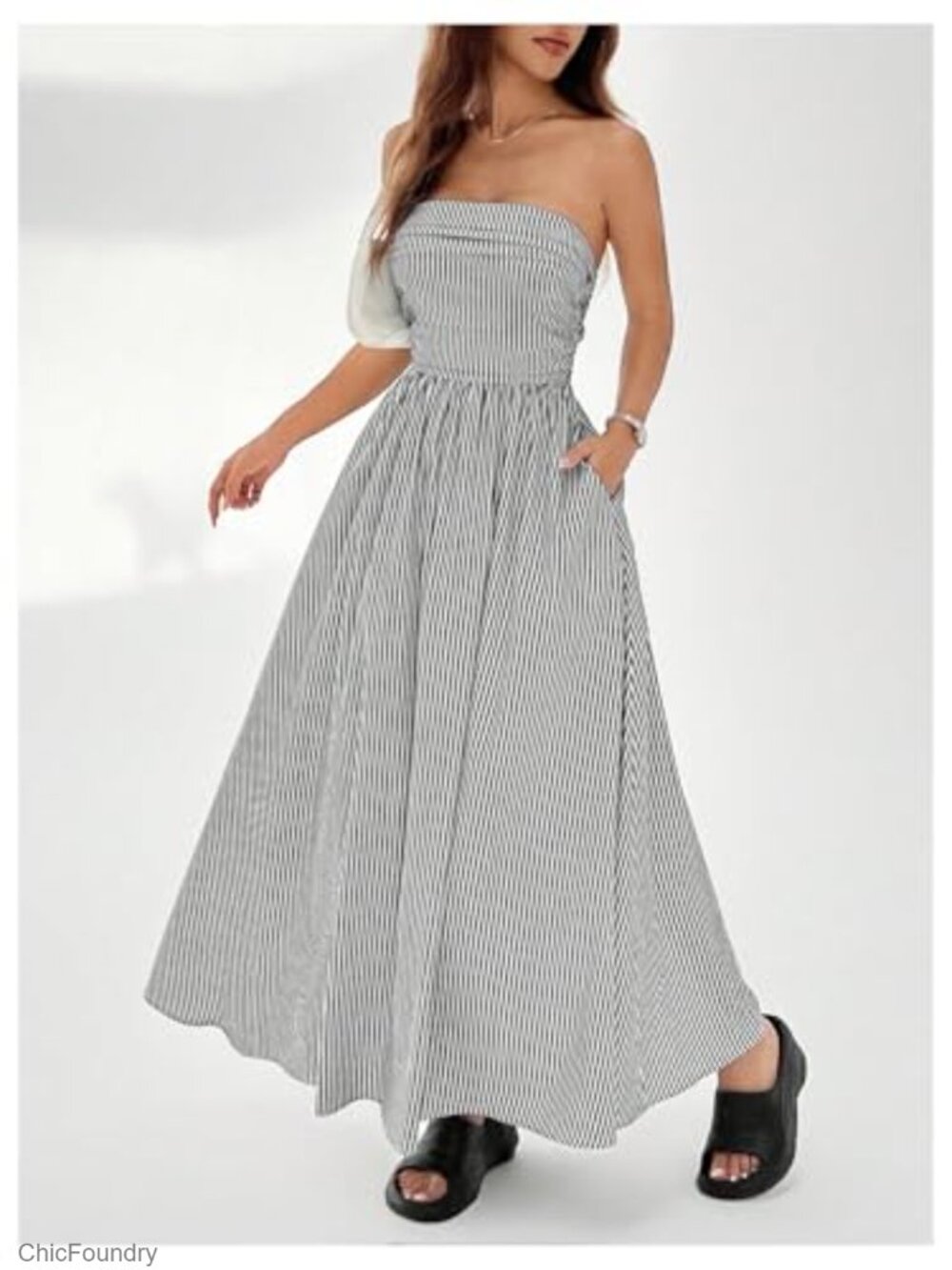 Striped Strapless Maxi Dress with Pockets - Picture 2 of 5